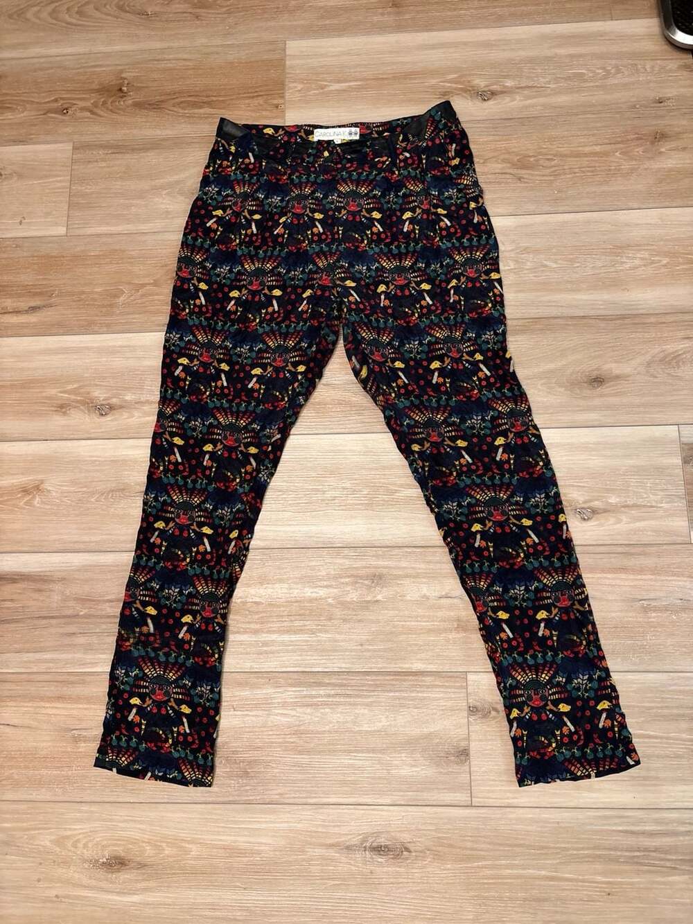 Carolina K Silk Crepe Printed Pants with Faux Leather Trim